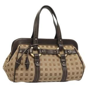 BALLY Hand Bag Canvas Beige Gold Auth BA2647